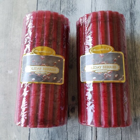 (Set of 2) Wax Burning Red Pillar Fluted Edges Candles - Holly Berries Scent - Picture 1 of 3